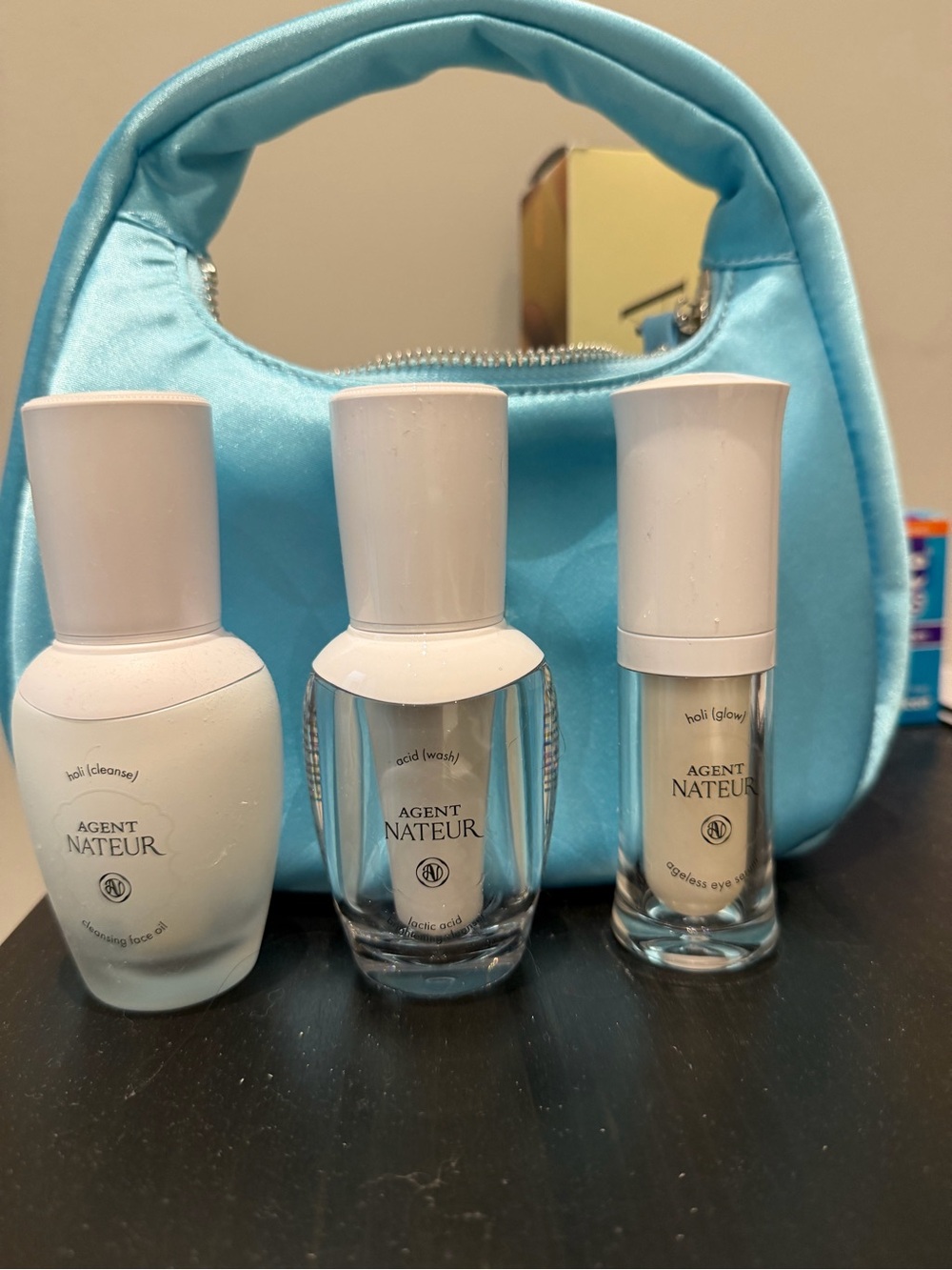 Agent Nateur Skincare Trio with Light Blue Travel Pouch